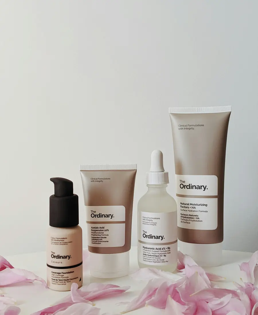 Skincare products in bottles and tubes
