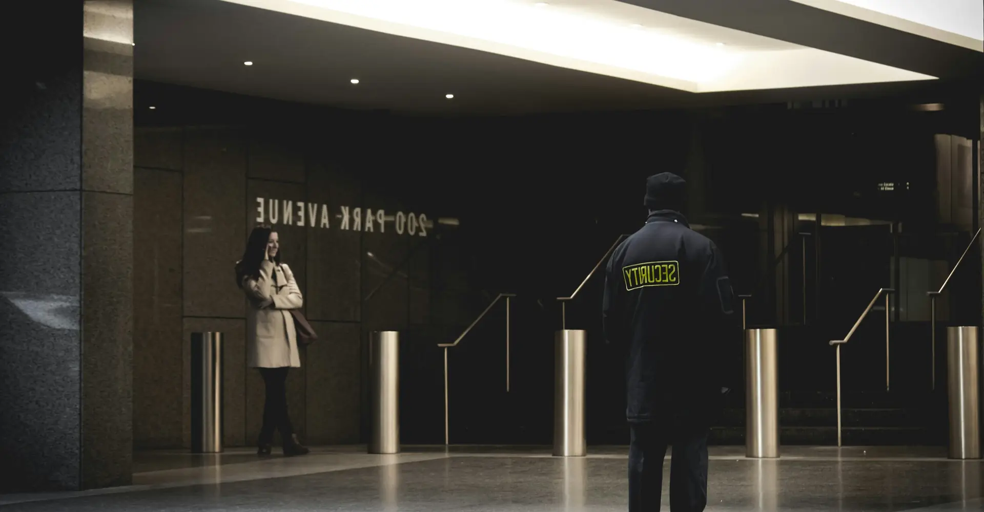 Security guard on duty in the lobby of an office building